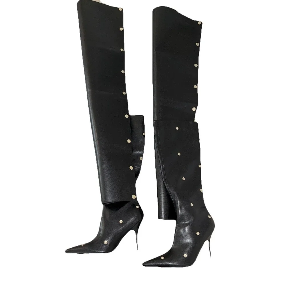 Boots Knee High Women's 9.5 Black Detachable Front Panel‎ 2-Way Stiletto Pointy